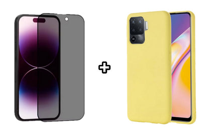Set Husa Silicon plus Folie din sticla Privacy compatibila cu OPPO Reno5 Lite, galbena, protectie 360