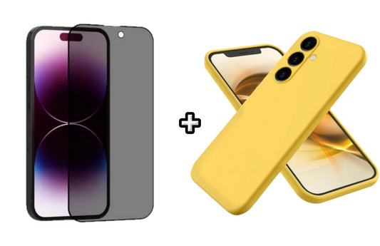 Set Husa Silicon plus Folie din sticla Privacy compatibila cu Samsung Galaxy A54, galbena, protectie 360