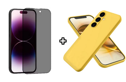 Set Husa Silicon plus Folie din sticla Privacy compatibila cu Samsung Galaxy A04s, galbena, protectie 360
