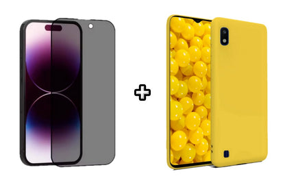 Set Husa Silicon plus Folie din sticla Privacy compatibila cu Samsung Galaxy A10, galbena, protectie 360