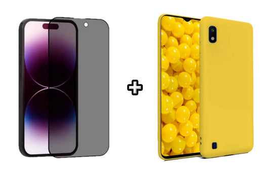 Set Husa Silicon plus Folie din sticla Privacy compatibila cu Samsung Galaxy A10, galbena, protectie 360