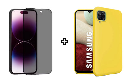 Set Husa Silicon plus Folie din sticla Privacy compatibila cu Samsung Galaxy A12, galbena, protectie 360