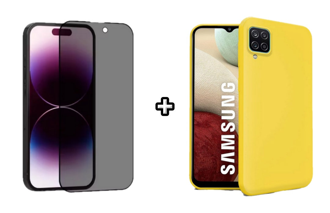 Set Husa Silicon plus Folie din sticla Privacy compatibila cu Samsung Galaxy A22 5G, galbena, protectie 360
