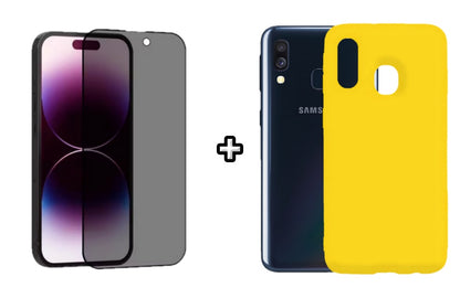 Set Husa Silicon plus Folie din sticla Privacy compatibila cu Samsung Galaxy A20E, galbena, protectie 360