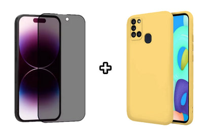 Set Husa Silicon plus Folie din sticla Privacy compatibila cu Samsung Galaxy A21s, galbena, protectie 360