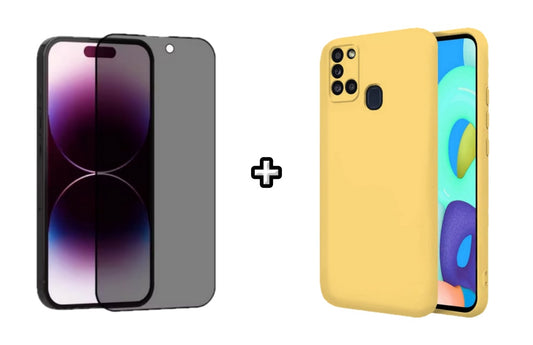 Set Husa Silicon plus Folie din sticla Privacy compatibila cu Samsung Galaxy A21s, galbena, protectie 360