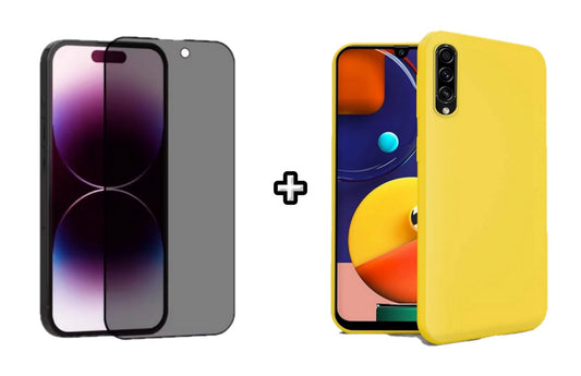 Set Husa Silicon plus Folie din sticla Privacy compatibila cu Samsung Galaxy A50, galbena, protectie 360