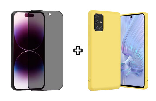 Set Husa Silicon plus Folie din sticla Privacy compatibila cu Samsung Galaxy A51, galbena, protectie 360
