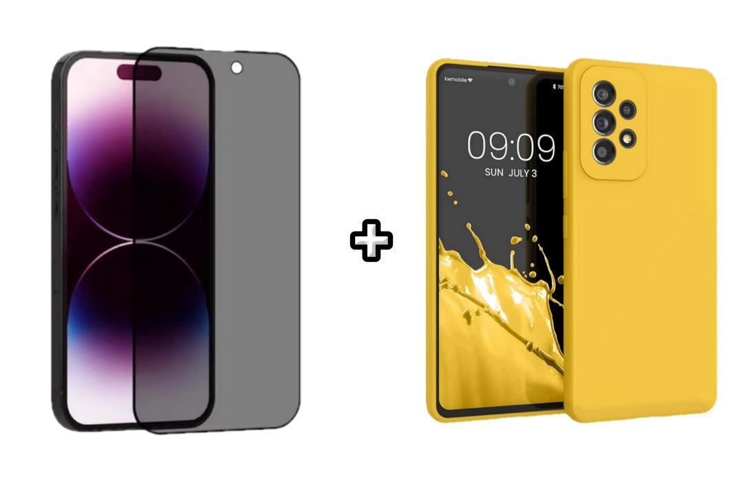Set Husa Silicon plus Folie din sticla Privacy compatibila cu Samsung Galaxy A23, galbena, protectie 360