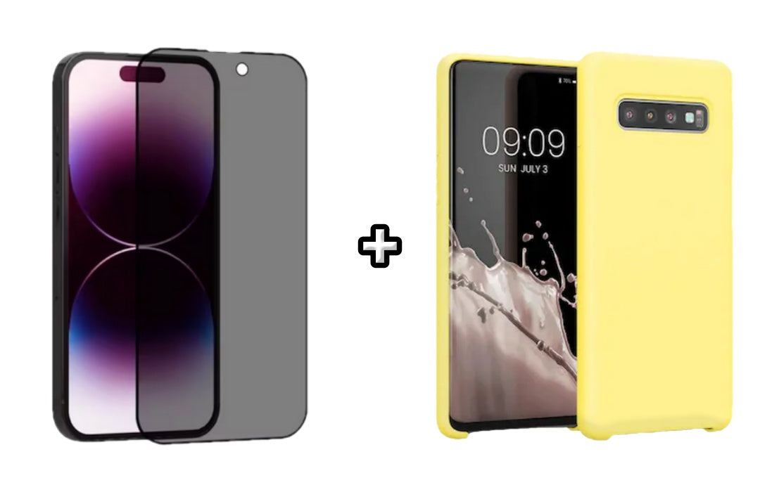Set Husa Silicon plus Folie din sticla Privacy compatibila cu Samsung Galaxy S10 Plus, galbena, protectie 360