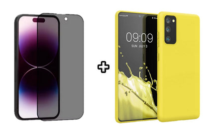 Set Husa Silicon plus Folie din sticla Privacy compatibila cu Samsung Galaxy S20, galbena, protectie 360
