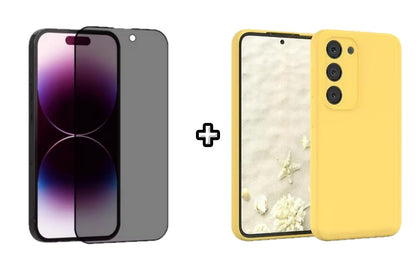 Set Husa Silicon plus Folie din sticla Privacy compatibila cu Samsung Galaxy S23, galbena, protectie 360