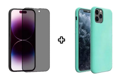 Set Husa Silicon + Folie din sticla Privacy compatibila cu Apple iPhone 11 Pro Max, menta, protectie 360