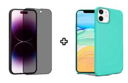Set Husa Silicon + Folie din sticla Privacy compatibila cu Apple iPhone 12, menta, protectie 360
