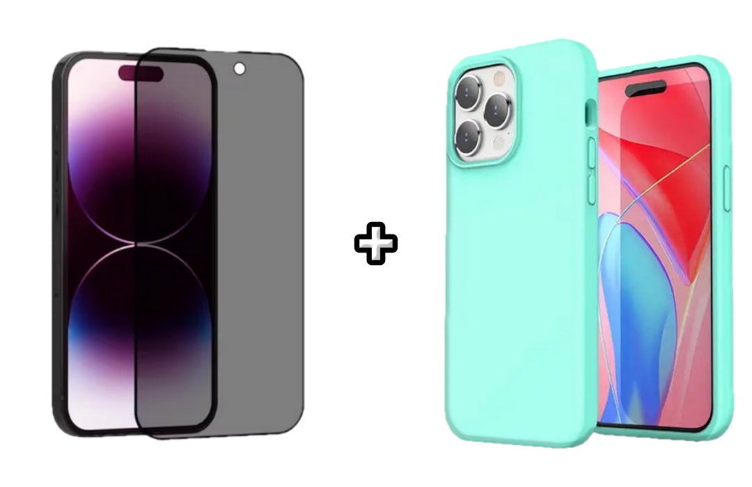 Set Husa Silicon + Folie din sticla Privacy compatibila cu Apple iPhone 15 Pro, menta, protectie 360