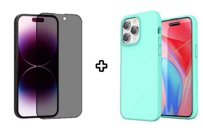 Set Husa Silicon + Folie din sticla Privacy compatibila cu Apple iPhone 15 Pro, menta, protectie 360