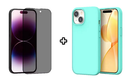 Set Husa Silicon + Folie din sticla Privacy compatibila cu Apple iPhone 15, menta, protectie 360