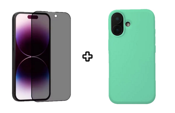 Set Husa Silicon plus Folie din sticla Privacy compatibila cu Apple iPhone 16, menta, protectie 360