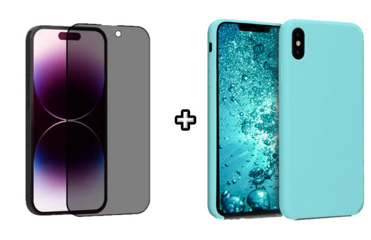 Set Husa Silicon + Folie din sticla Privacy compatibila cu Apple iPhone XS Max, menta, protectie 360