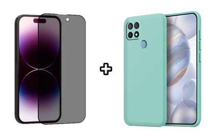 Set Husa Silicon plus Folie din sticla Privacy compatibila cu OPPO A15, menta, protectie 360