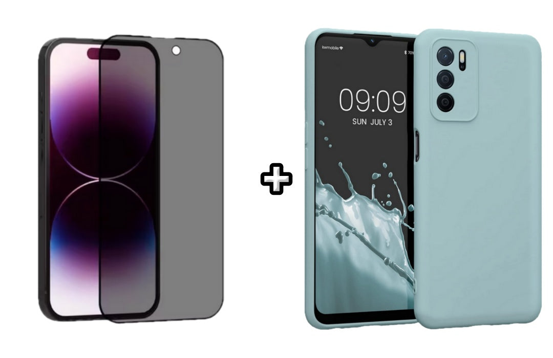 Set Husa Silicon plus Folie din sticla Privacy compatibila cu OPPO A16, menta, protectie 360