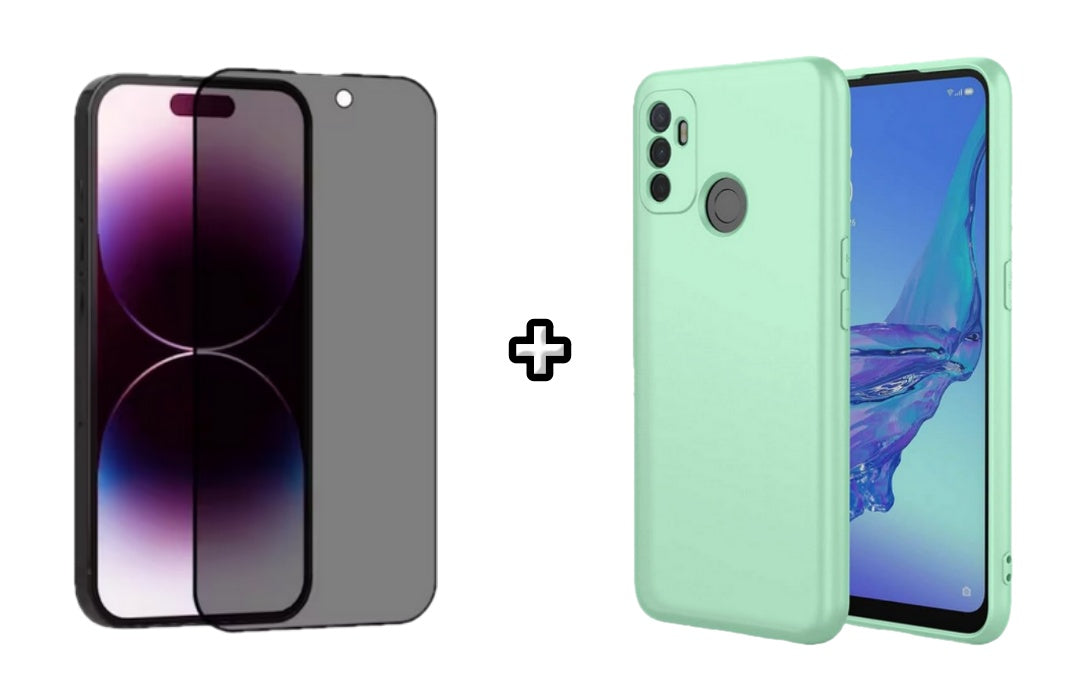 Set Husa Silicon plus Folie din sticla Privacy compatibila cu OPPO A33 4G, menta, protectie 360