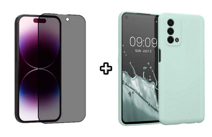 Set Husa Silicon plus Folie din sticla Privacy compatibila cu OPPO A74 4G, menta, protectie 360