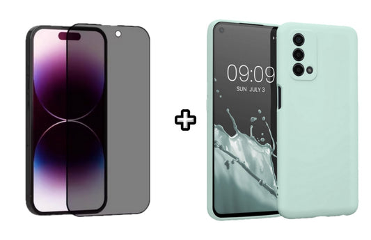 Set Husa Silicon plus Folie din sticla Privacy compatibila cu OPPO A74 4G, menta, protectie 360