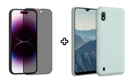 Set Husa Silicon plus Folie din sticla Privacy compatibila cu Samsung Galaxy A10, menta, protectie 360