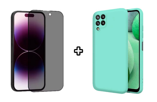 Set Husa Silicon plus Folie din sticla Privacy compatibila cu Samsung Galaxy A12, menta, protectie 360