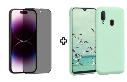 Set Husa Silicon plus Folie din sticla Privacy compatibila cu Samsung Galaxy A20E, menta, protectie 360
