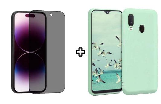 Set Husa Silicon plus Folie din sticla Privacy compatibila cu Samsung Galaxy A20E, menta, protectie 360