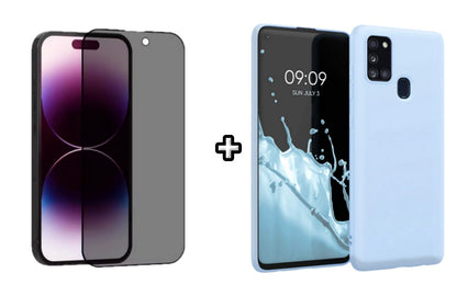 Set Husa Silicon plus Folie din sticla Privacy compatibila cu Samsung Galaxy A21s, menta, protectie 360