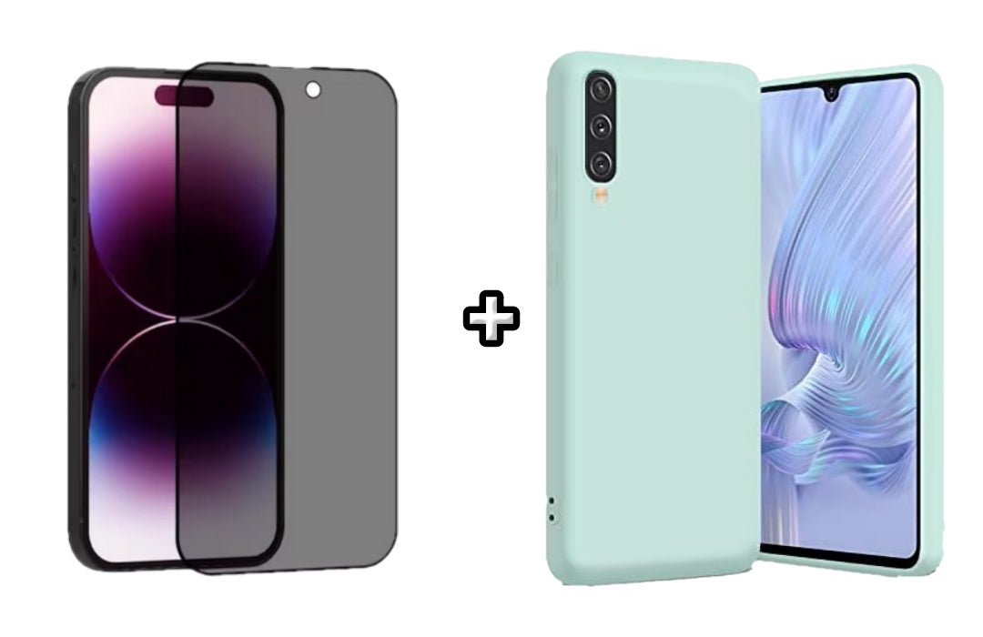 Set Husa Silicon plus Folie din sticla Privacy compatibila cu Samsung Galaxy A50, menta, protectie 360