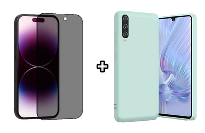 Set Husa Silicon plus Folie din sticla Privacy compatibila cu Samsung Galaxy A50, menta, protectie 360