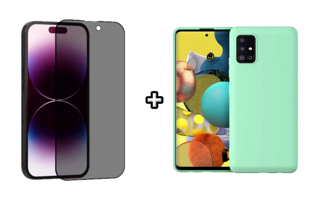 Set Husa Silicon plus Folie din sticla Privacy compatibila cu Samsung Galaxy A71 5G, menta, protectie 360
