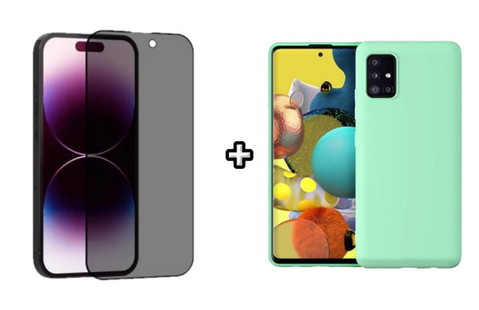 Set Husa Silicon plus Folie din sticla Privacy compatibila cu Samsung Galaxy A71 5G, menta, protectie 360