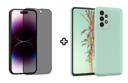 Set Husa Silicon plus Folie din sticla Privacy compatibila cu Samsung Galaxy A53, menta, protectie 360
