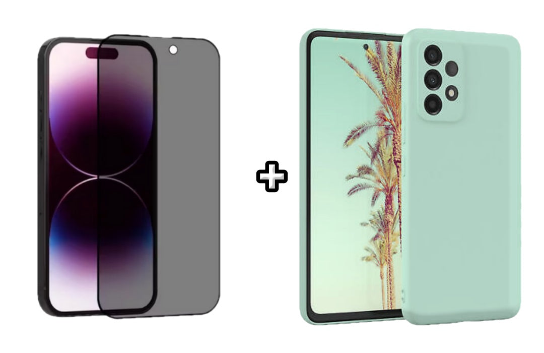 Set Husa Silicon plus Folie din sticla Privacy compatibila cu Samsung Galaxy A72, menta, protectie 360