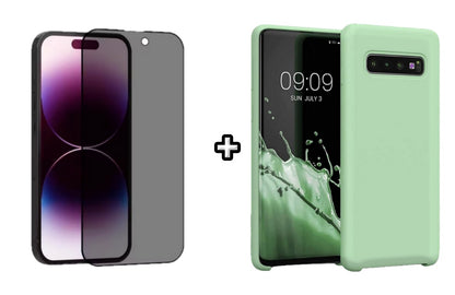 Set Husa Silicon plus Folie din sticla Privacy compatibila cu Samsung Galaxy S10 Plus, menta, protectie 360