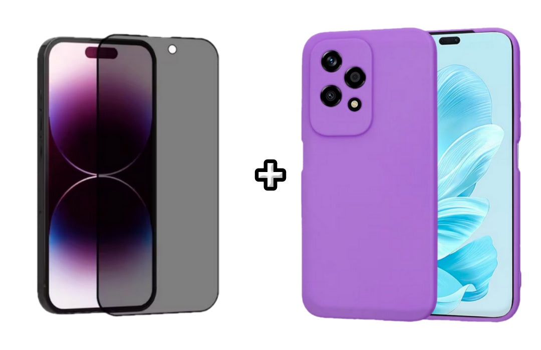Set Husa Silicon plus Folie din sticla Privacy compatibila cu Honor 200 Lite, mov, protectie 360