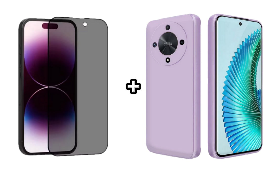 Set Husa Silicon plus Folie din sticla Privacy compatibila cu Honor Magic5 Lite, mov, protectie 360