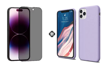 Set Husa Silicon + Folie din sticla Privacy compatibila cu Apple iPhone 11 Pro Max, mov, protectie 360