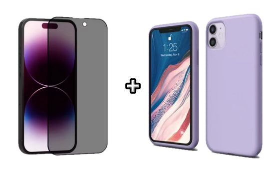 Set Husa Silicon + Folie din sticla Privacy compatibila cu Apple iPhone 12 Mini, mov, protectie 360