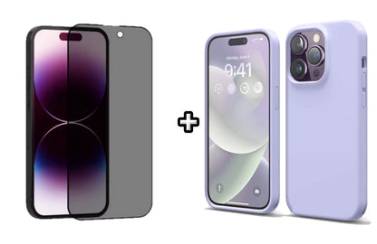 Set Husa Silicon + Folie din sticla Privacy compatibila cu Apple iPhone 15 Pro Max, mov, protectie 360