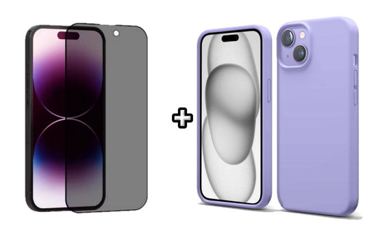 Set Husa Silicon + Folie din sticla Privacy compatibila cu Apple iPhone 14 Plus, mov, protectie 360