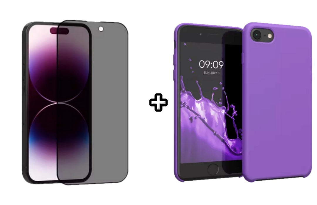 Set Husa Silicon + Folie din sticla Privacy compatibila cu Apple iPhone 7 Plus, mov, protectie 360