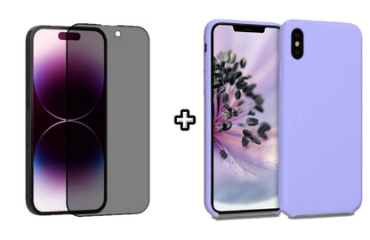 Set Husa Silicon + Folie din sticla Privacy compatibila cu Apple iPhone X, mov, protectie 360