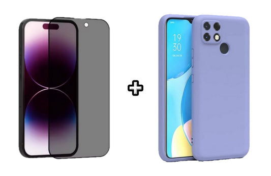Set Husa Silicon plus Folie din sticla Privacy compatibila cu OPPO A15, mov, protectie 360
