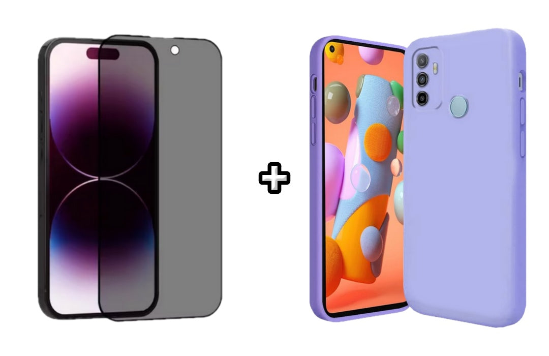 Set Husa Silicon plus Folie din sticla Privacy compatibila cu OPPO A53, mov, protectie 360